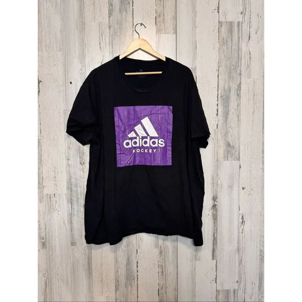 Adidas Hockey Graphic T-Shirt Men’s 2XL Black Purple Logo Short Sleeve Cotton Te
